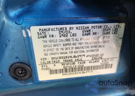 2004 Nissan Sentra 1.8 z USA, uszkodzony, nr VIN 3N1CB51D14L865979